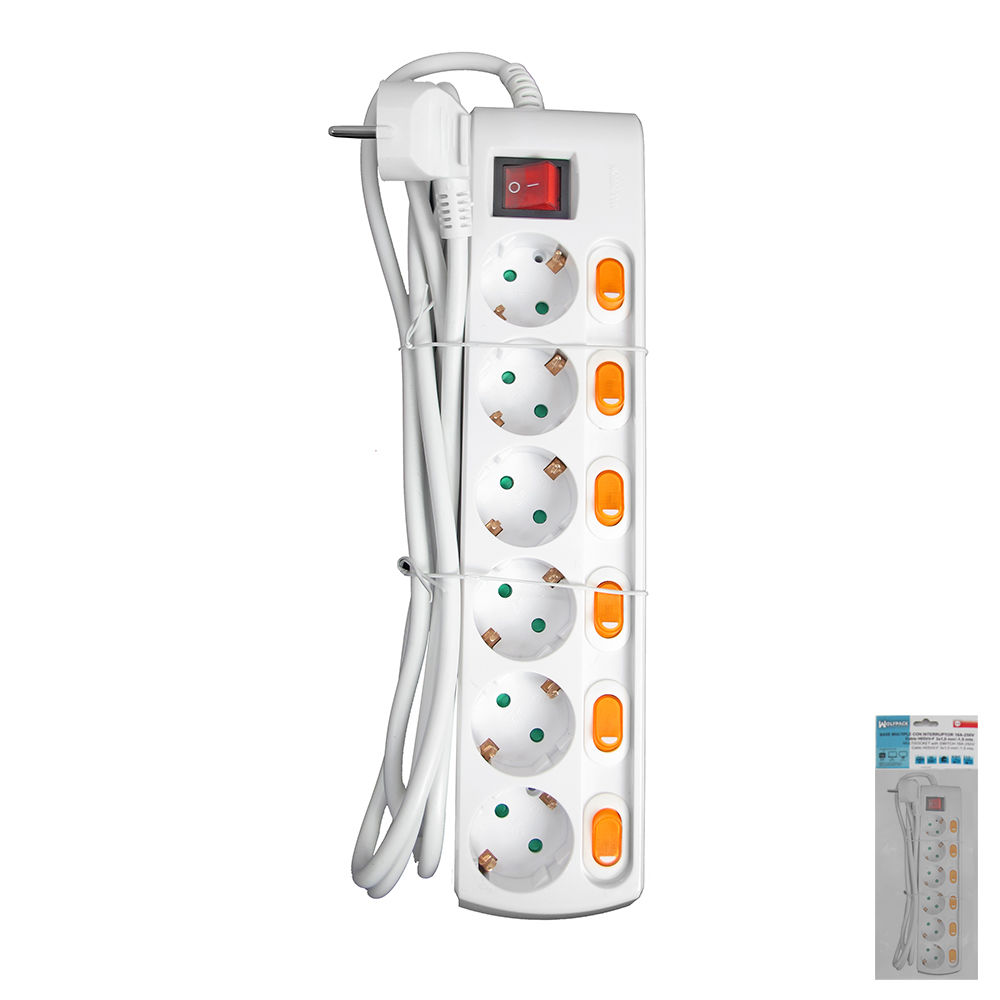 Base Multiple 6 Tomas Con Toma De Tierra Con 1 Interruptor General y 6 Independientes